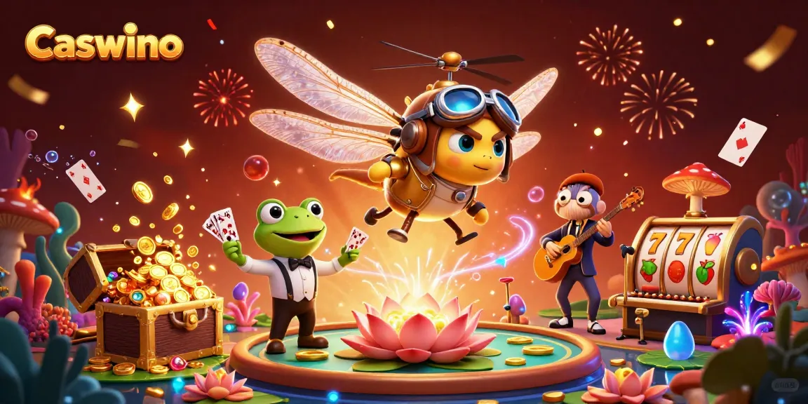 Experience Caswino's vibrant casino magic with a frog croupier dealing cards in a lively setting.