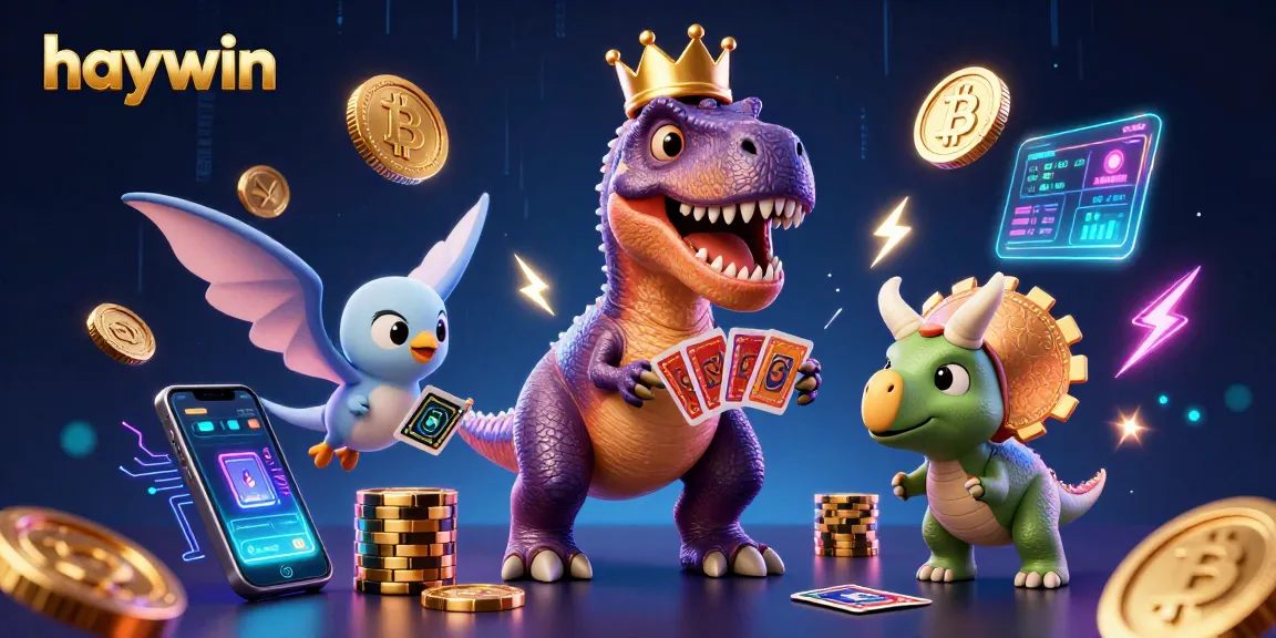 Engage with haywin's exciting games as a playful T-Rex shuffles cards and a baby triceratops stacks chips.