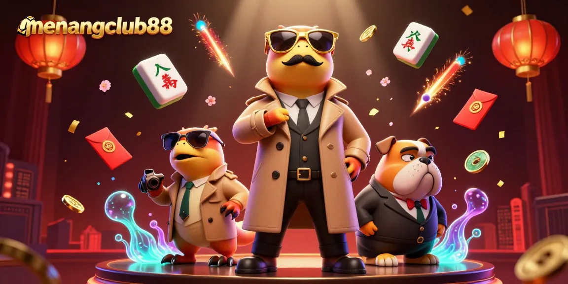 Engage with menangclub88 in this vibrant casino scene featuring playful characters and festive elements