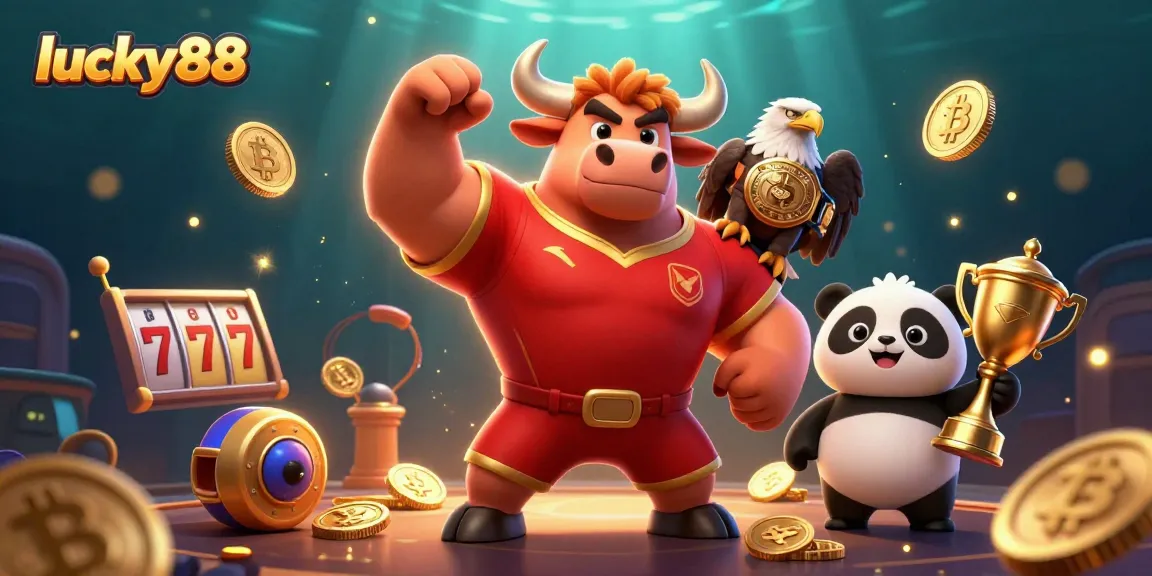 Experience the thrill of lucky88 with this vibrant gaming scene featuring mascot characters and crypto elements.