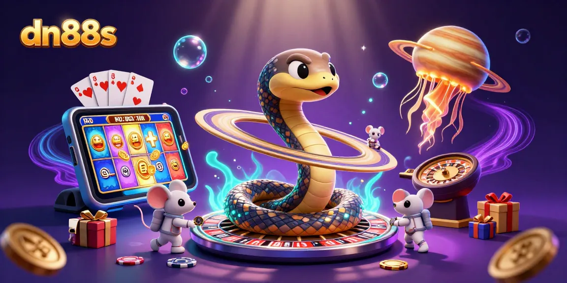 Engage with the exciting world of dn88s through this vibrant 3D illustration depicting games and cosmic elements.