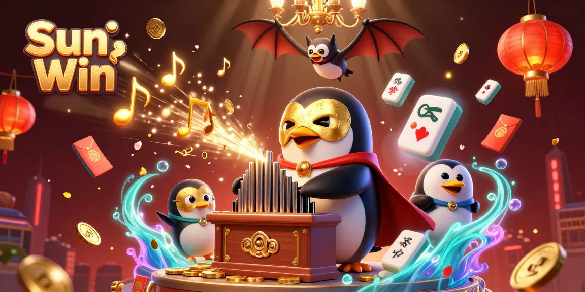 Experience the excitement of Sun Win with a vibrant 3D casino scene filled with golden symbols and lively characters.