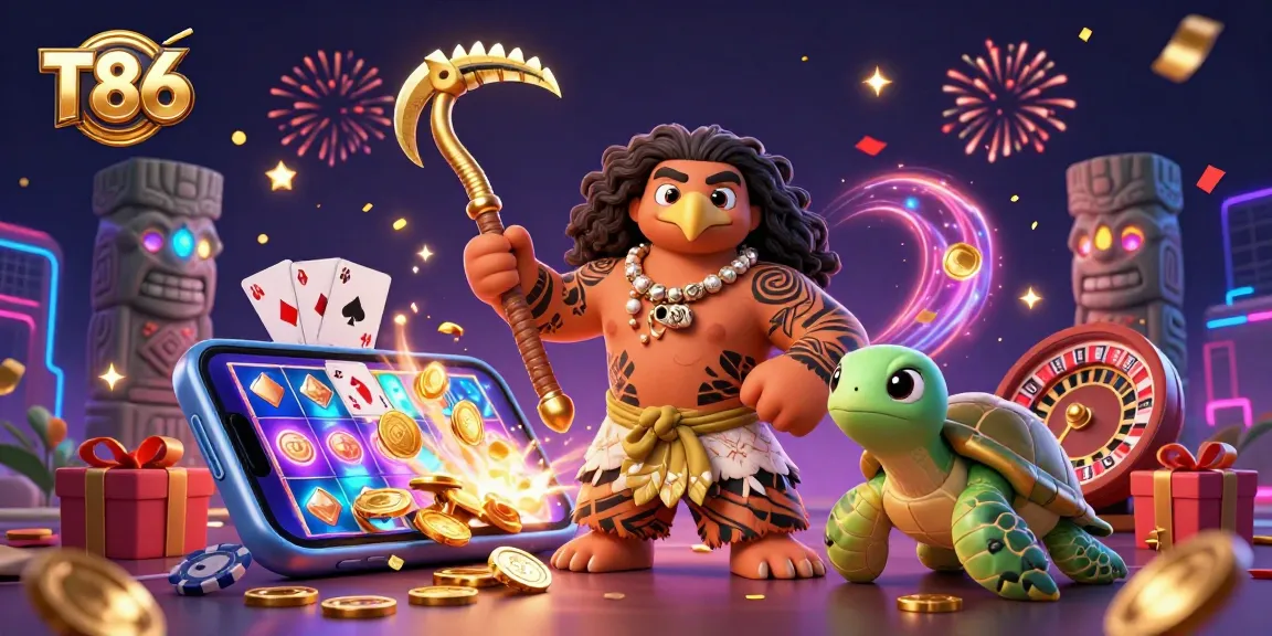 T86 engages players with colorful slot games and jackpot excitement in a playful 3D illustration.