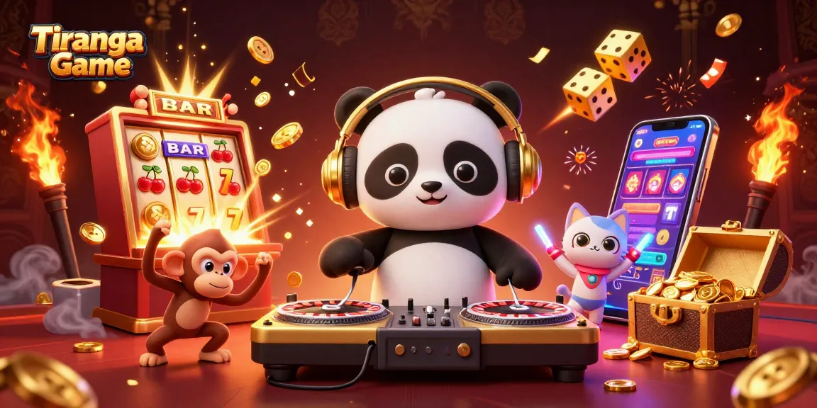 Tiranga Game login illustration showing a DJ panda, dancing monkey, and kitten with vibrant casino elements.