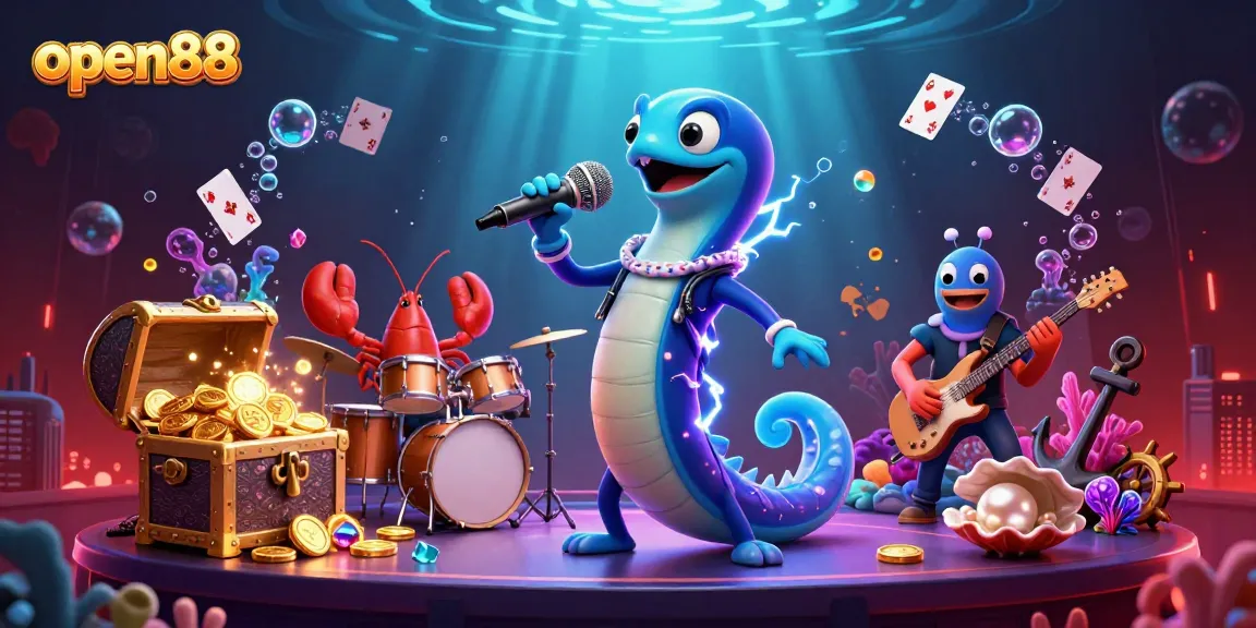 Immerse in the vibrant underwater casino vibe of open88 with an electric eel DJ and his band.