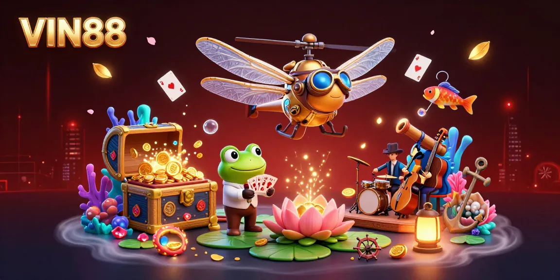Experience thrilling gameplay with VIN88 as a dragonfly pilot hovers over a vibrant lily pad casino.
