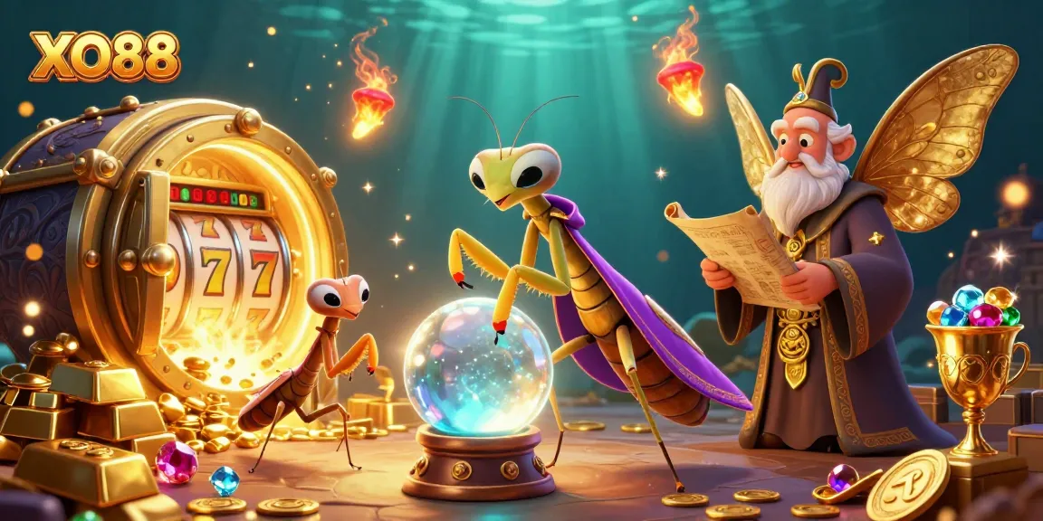 XO88 captures the excitement of slots with fortune tellers and gold treasures in a vibrant scene.