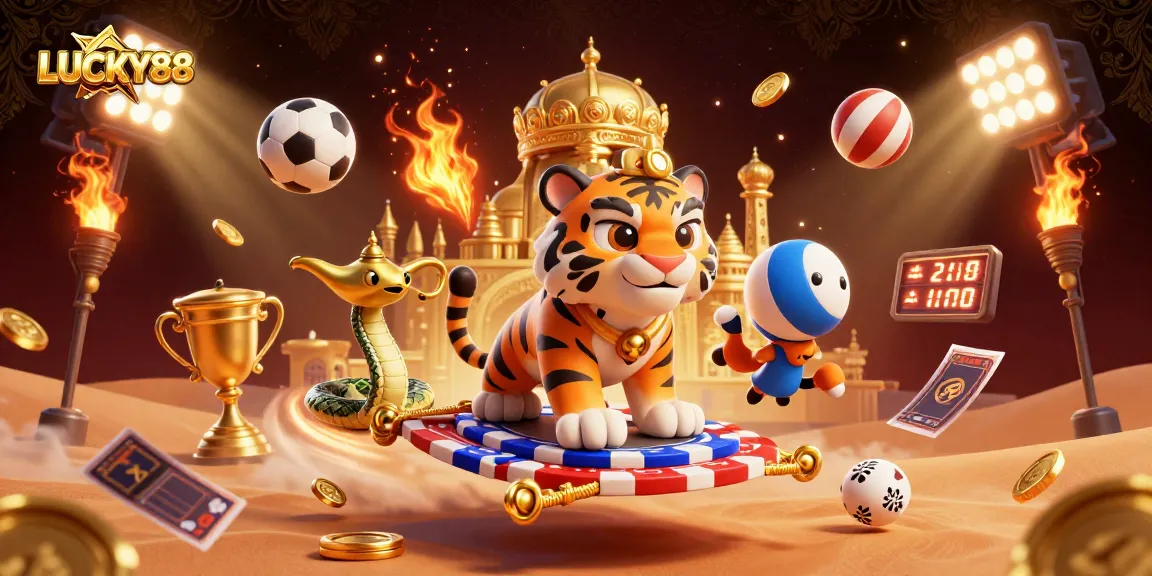 Experience the excitement of LUCKY88 with an Arabian-themed casino scene filled with sports elements and gold treasures.