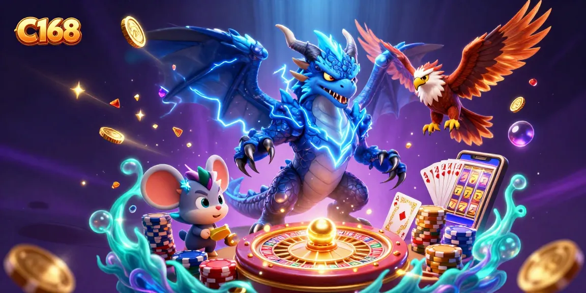 C168 captivates with a dynamic scene showcasing a thunder dragon, glowing hawk, and a thunder mouse surrounded by casino riches.