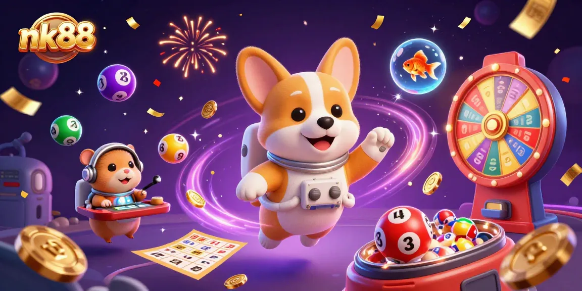 Experience nk88's thrilling casino action in a vibrant 3D scene with playful characters and dynamic gaming elements.