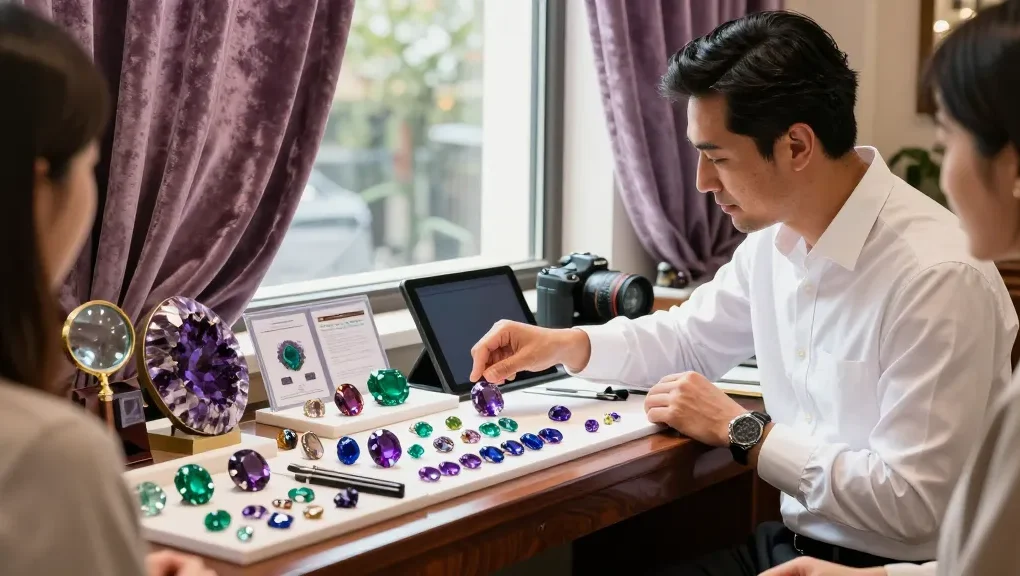Premium gemstones from https://www.mygemspot.com displayed elegantly by an expert merchant in a sophisticated marketplace.