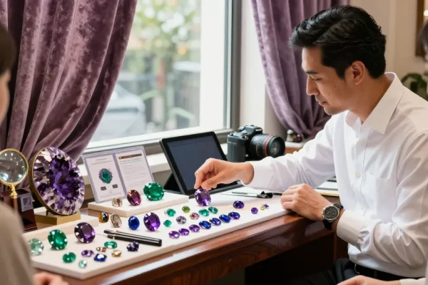 Premium gemstones from https://www.mygemspot.com displayed elegantly by an expert merchant in a sophisticated marketplace.