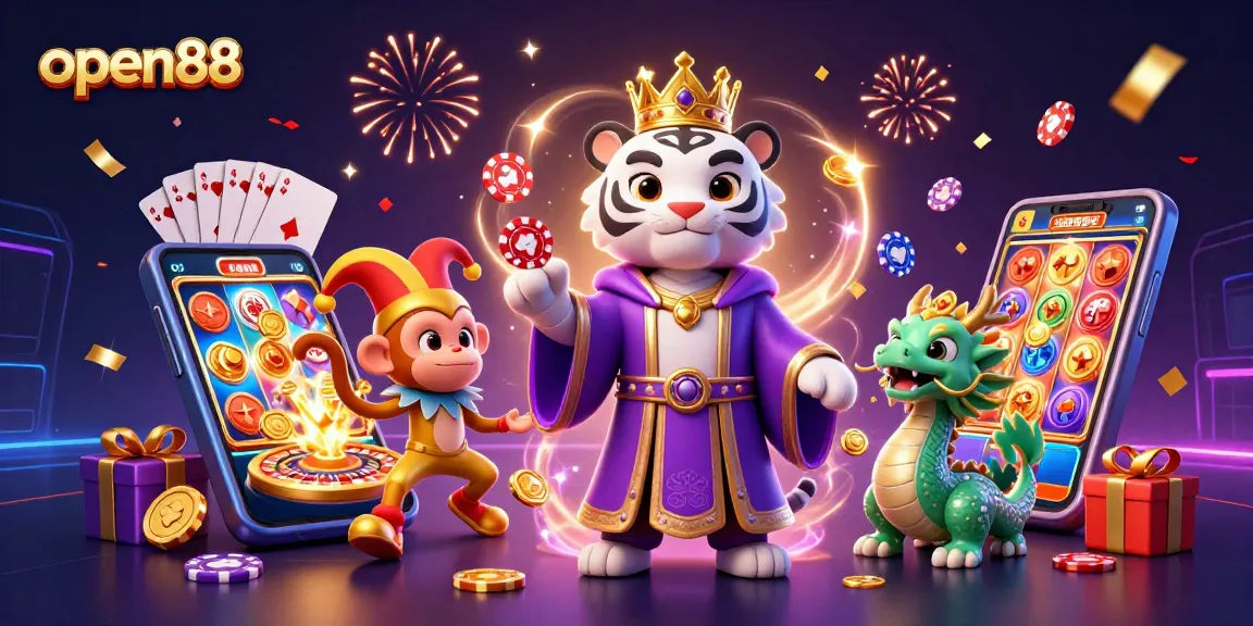 Experience open88 with an enchanting scene of a tiger, monkey, and dragon amidst vibrant gambling elements.