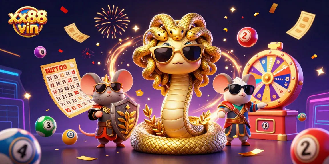 Experience the excitement of xx88 vin with Medusa and a mouse in a vibrant lottery-themed scene.